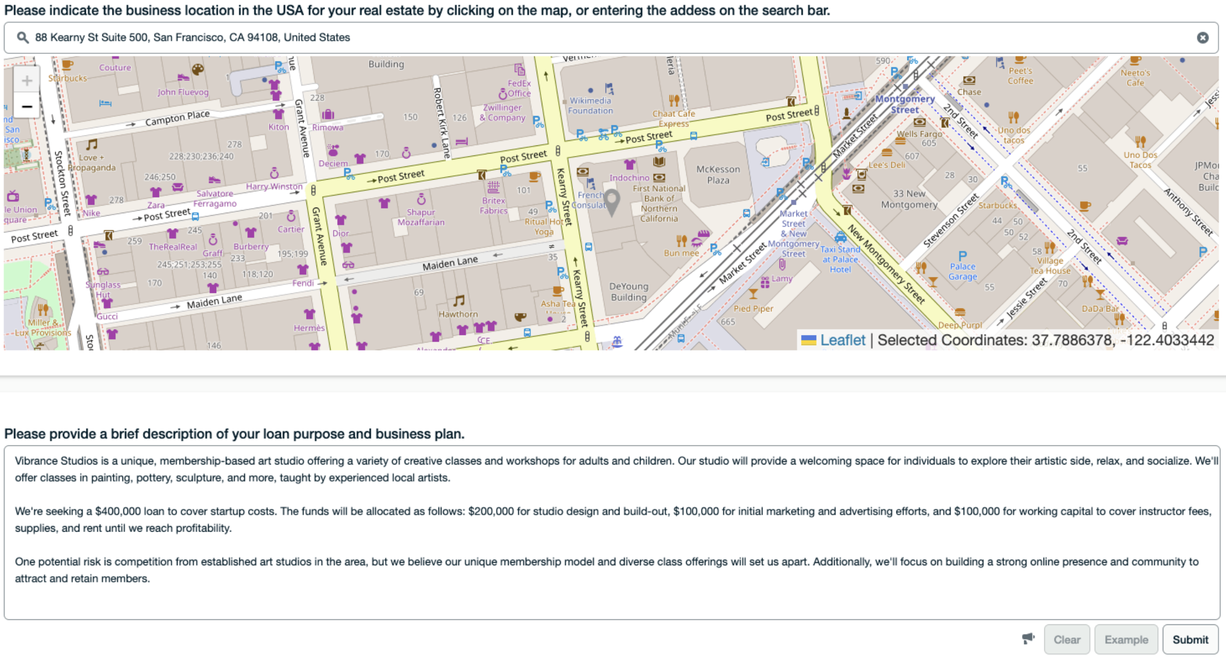 Screenshot of the LLM being given a location on a map and asked to write a brief description of a loan purpose and business plan.